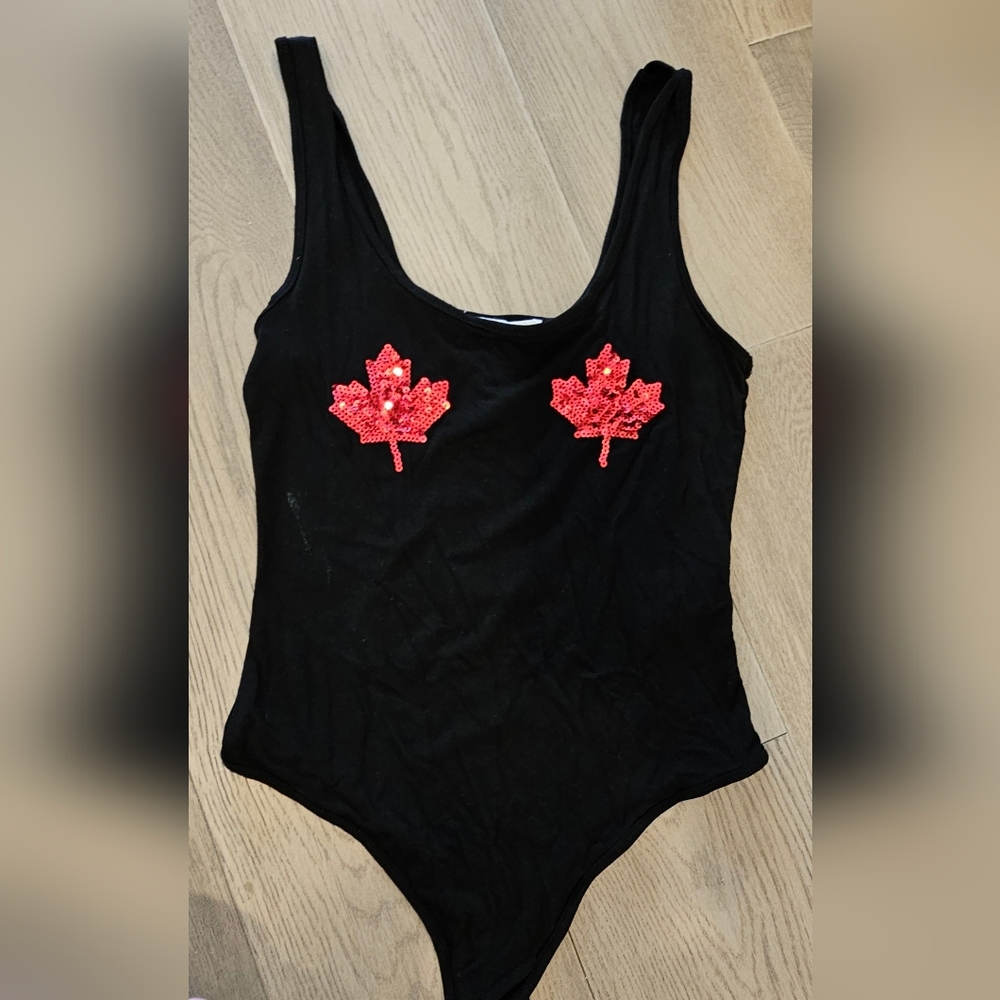 Black Tank Bodysuit with Canadian flag embellishments